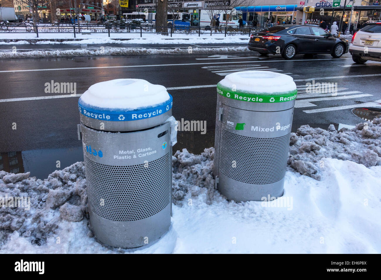 Recycling bins in Union Square in New York City in winter Stock Photo