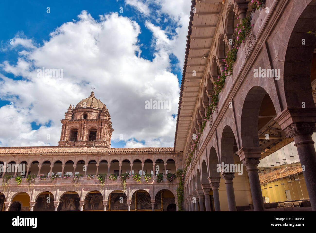 Courtyard and tower of the Santo Domingo church in Cuzco, Peru, also known as Qorikancha Stock Photo