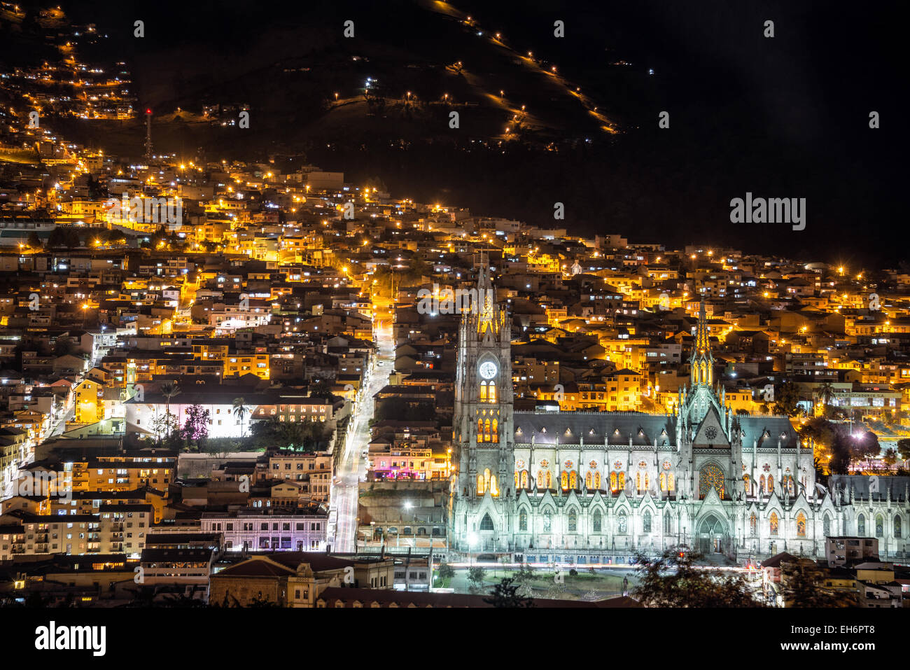 Night time view of the magnificent basilica of Quito, Ecuador Stock