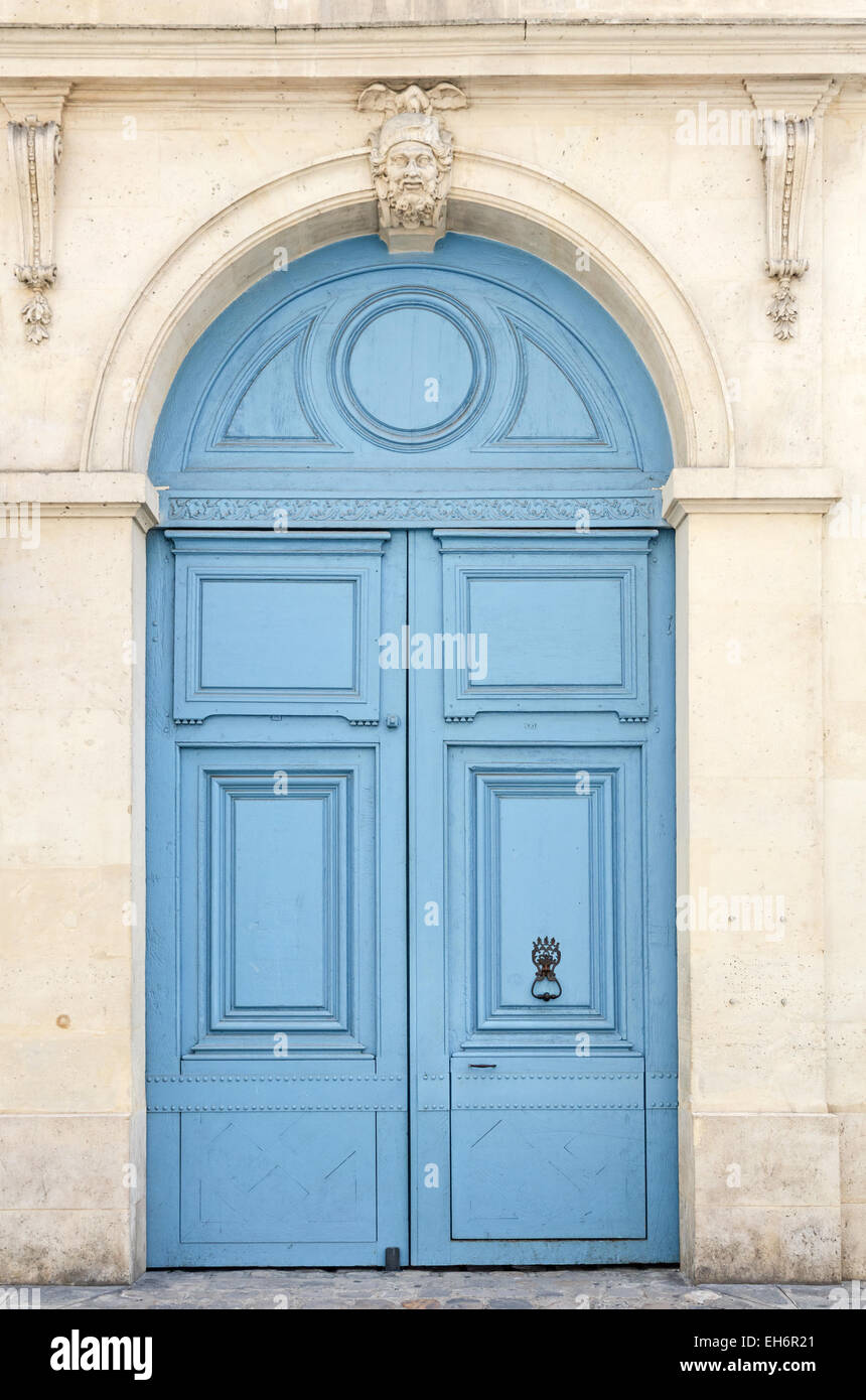 An elegant blue doorway on the Rue des Archives, Paris. Stock Photo