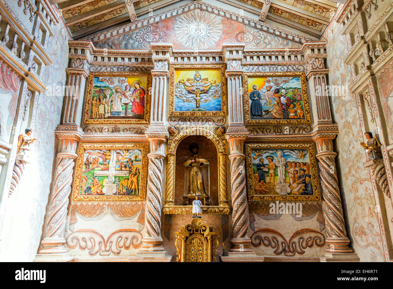 Altar of the UNESCO World Heritage church in San Javier, Bolivia Stock Photo
