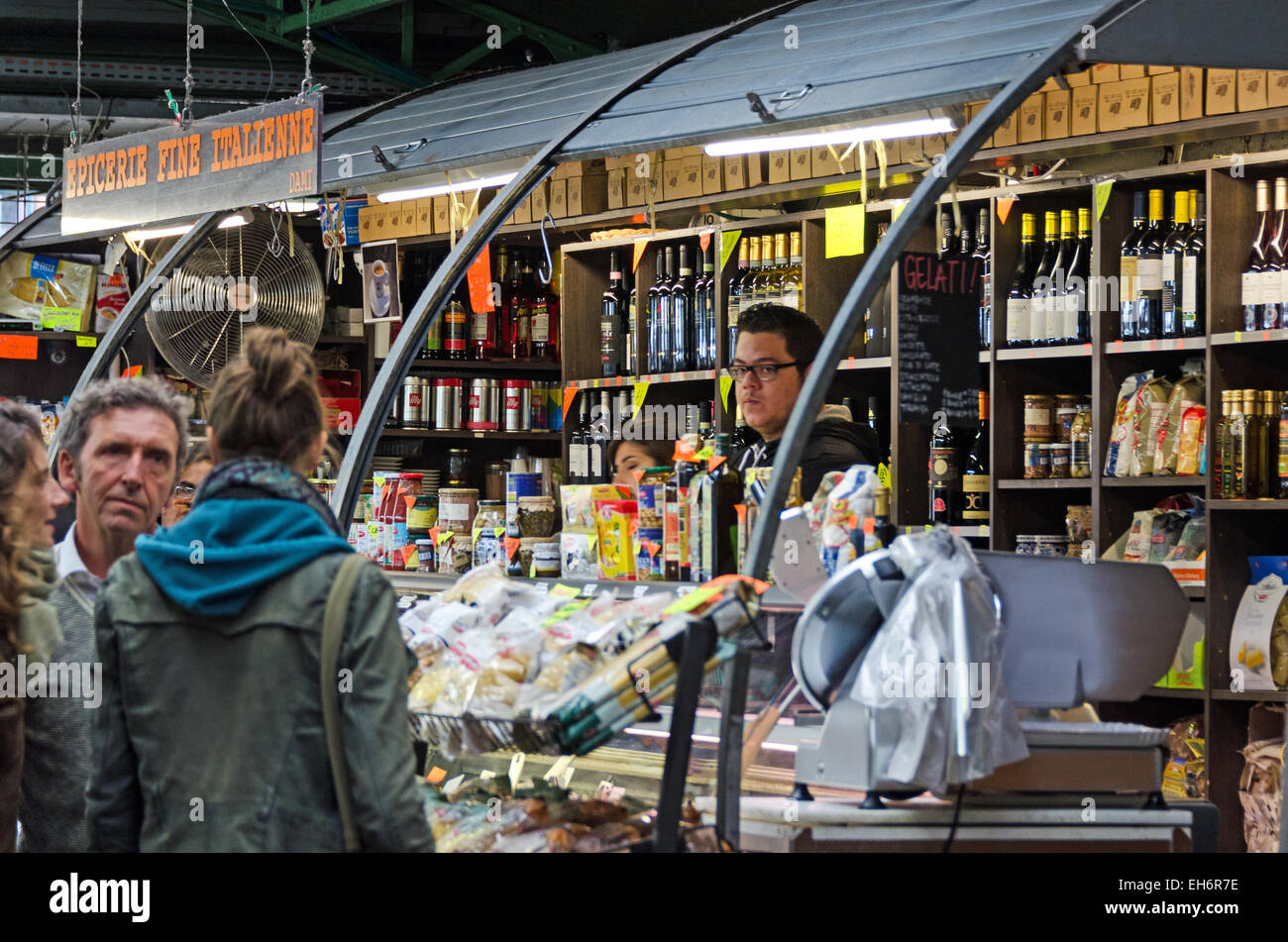 A stall selling Italian products in the Marché des Enfants Rouges, Paris. Stock Photo