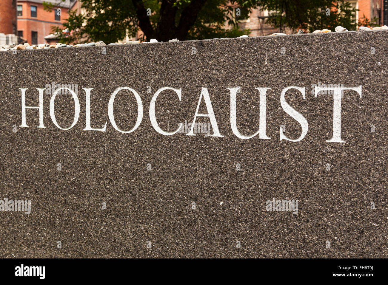 Name inscribed at entrance to New England Holocaust Memorial, Boston, Massachusetts, USA Stock Photo