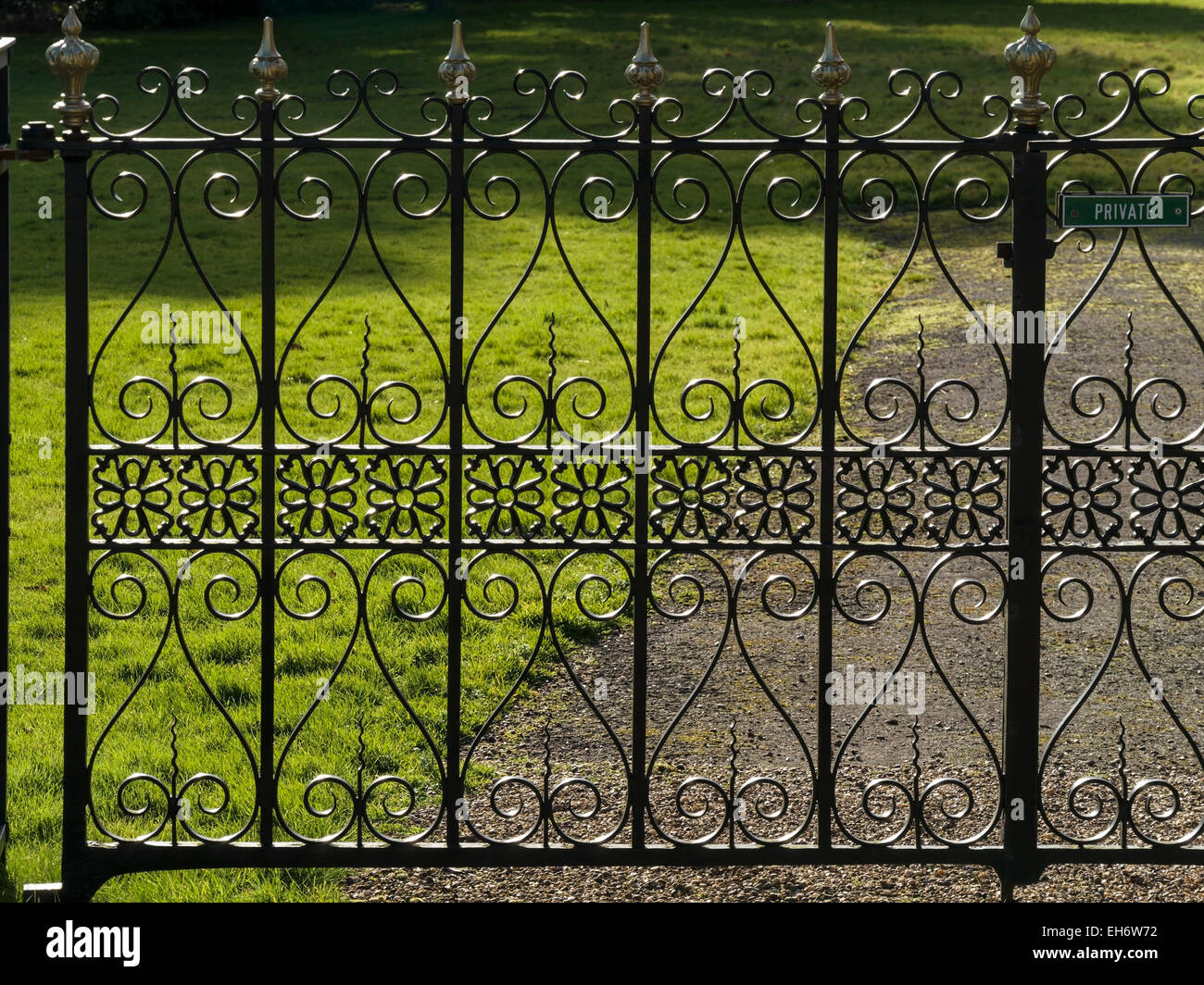 Ornate decorative black wrought iron gates, Staunton Harold Estate ...