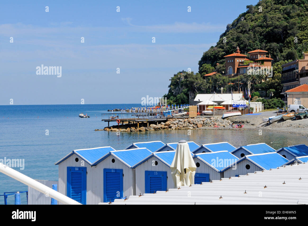 A view on the beach and the bathing hut of Capo Noli, Italy Stock Photo