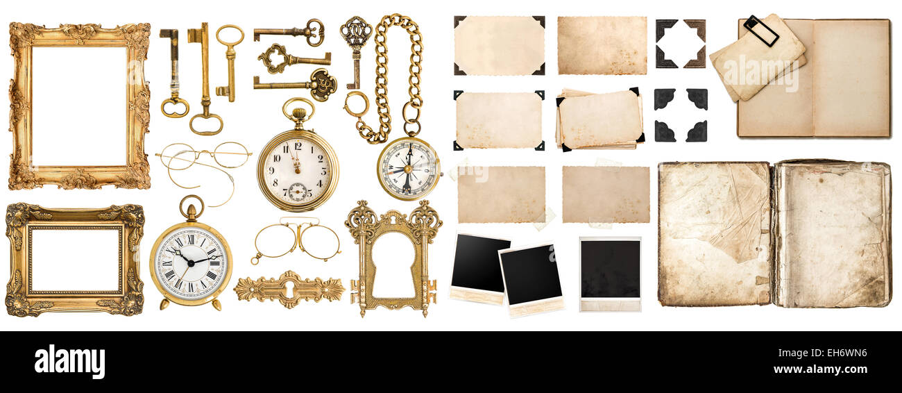 Big collection of vintage objects. Old book, photo frames with corner, golden accessories isolated on white background. Stock Photo