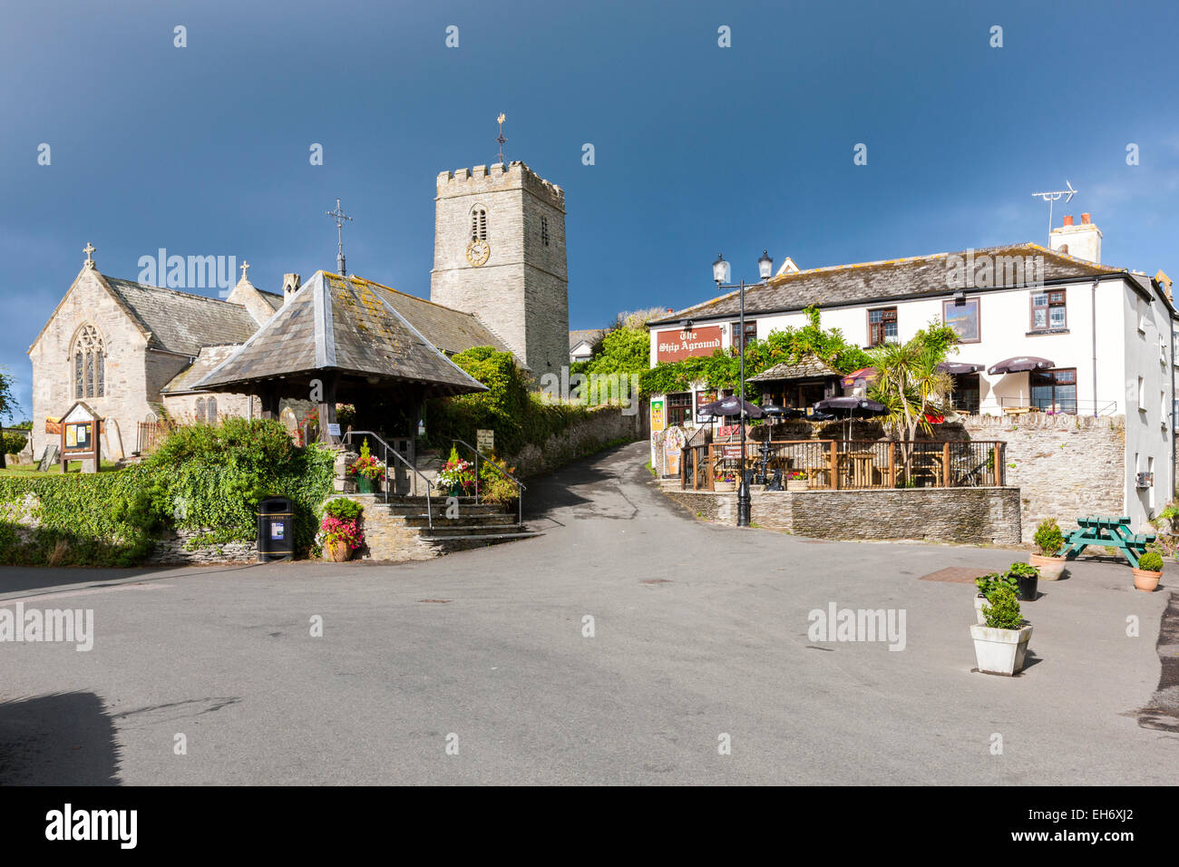 Mortehoe village, St Mary’s church and The Ship Aground pub near Woolacombe, North Devon, England, United Kingdom. Stock Photo
