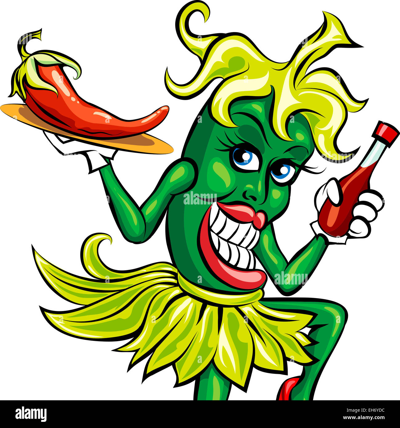 Humorous illustration of green pepper in waitress uniform with a bottle of hot sauce and prepared chili on a tray Stock Photo
