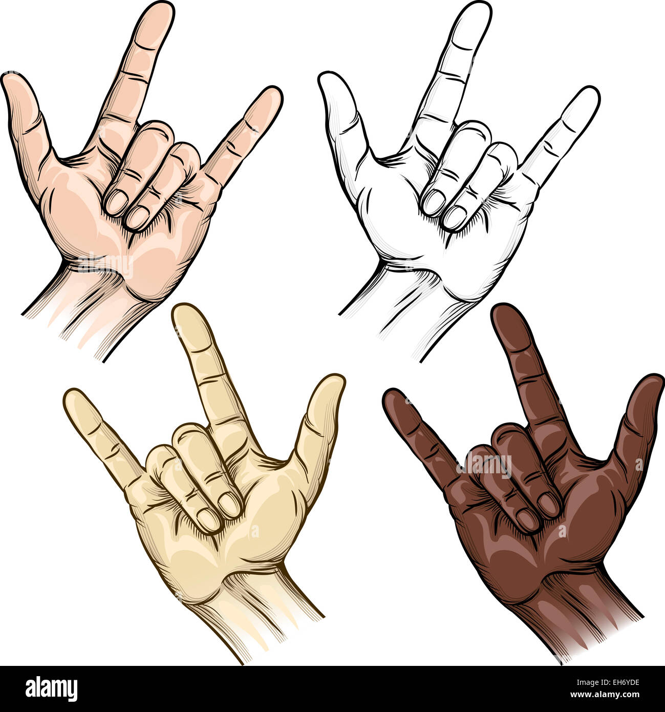 Set of vintage unity and horns gesture drawn in different color variations Stock Photo