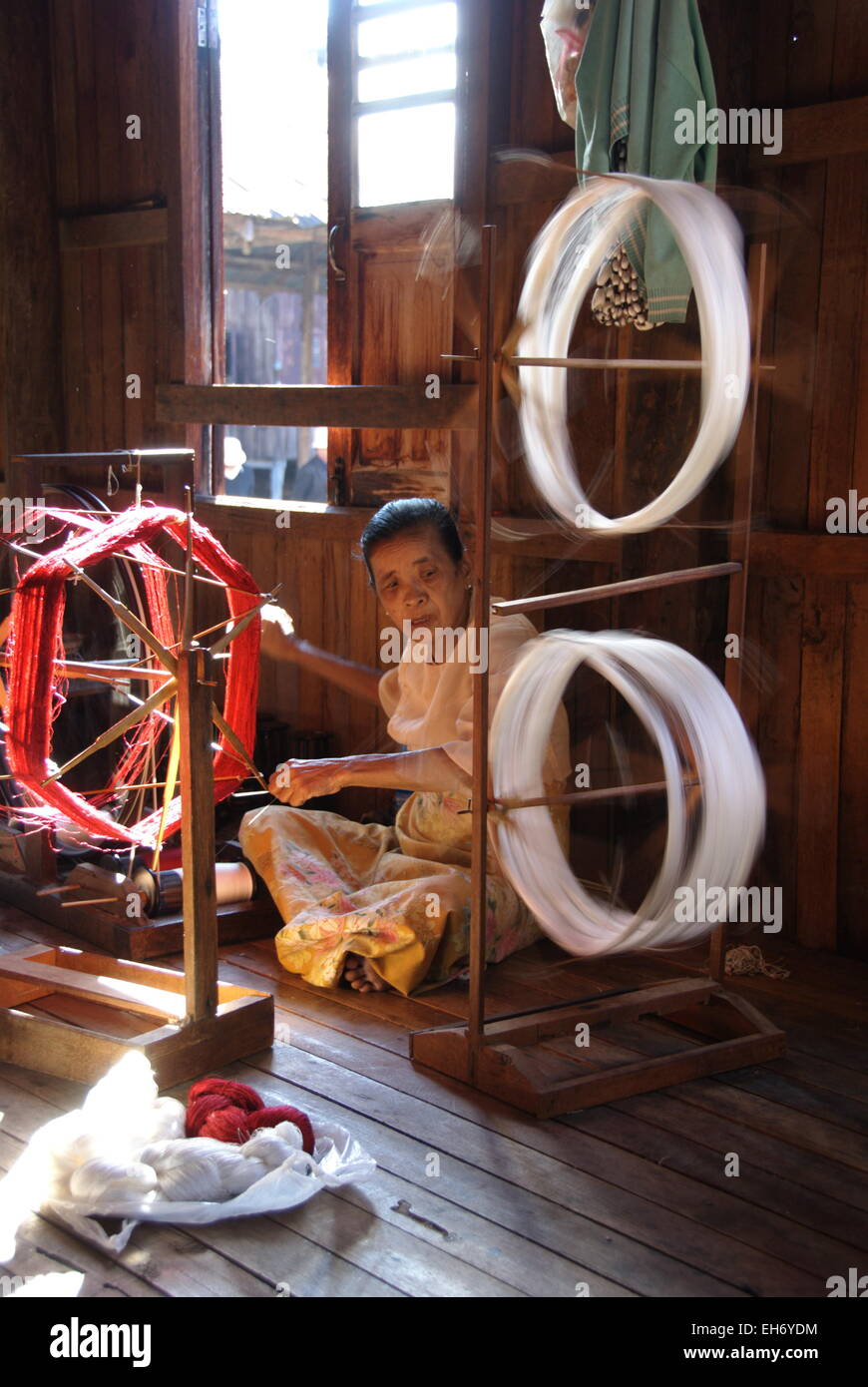 Woman Weaving In Village house, Inle Lake Stock Photo - Alamy
