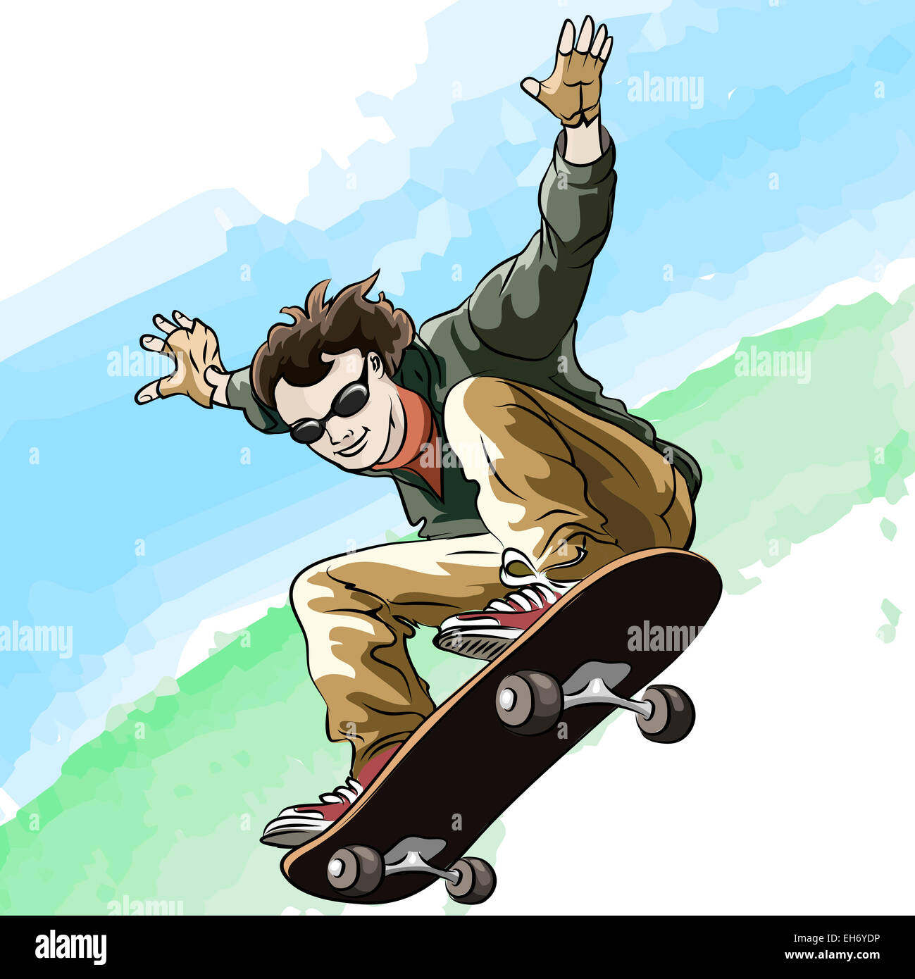 Funny illustration of jumping skateboarder against colorful summer background Stock Photo