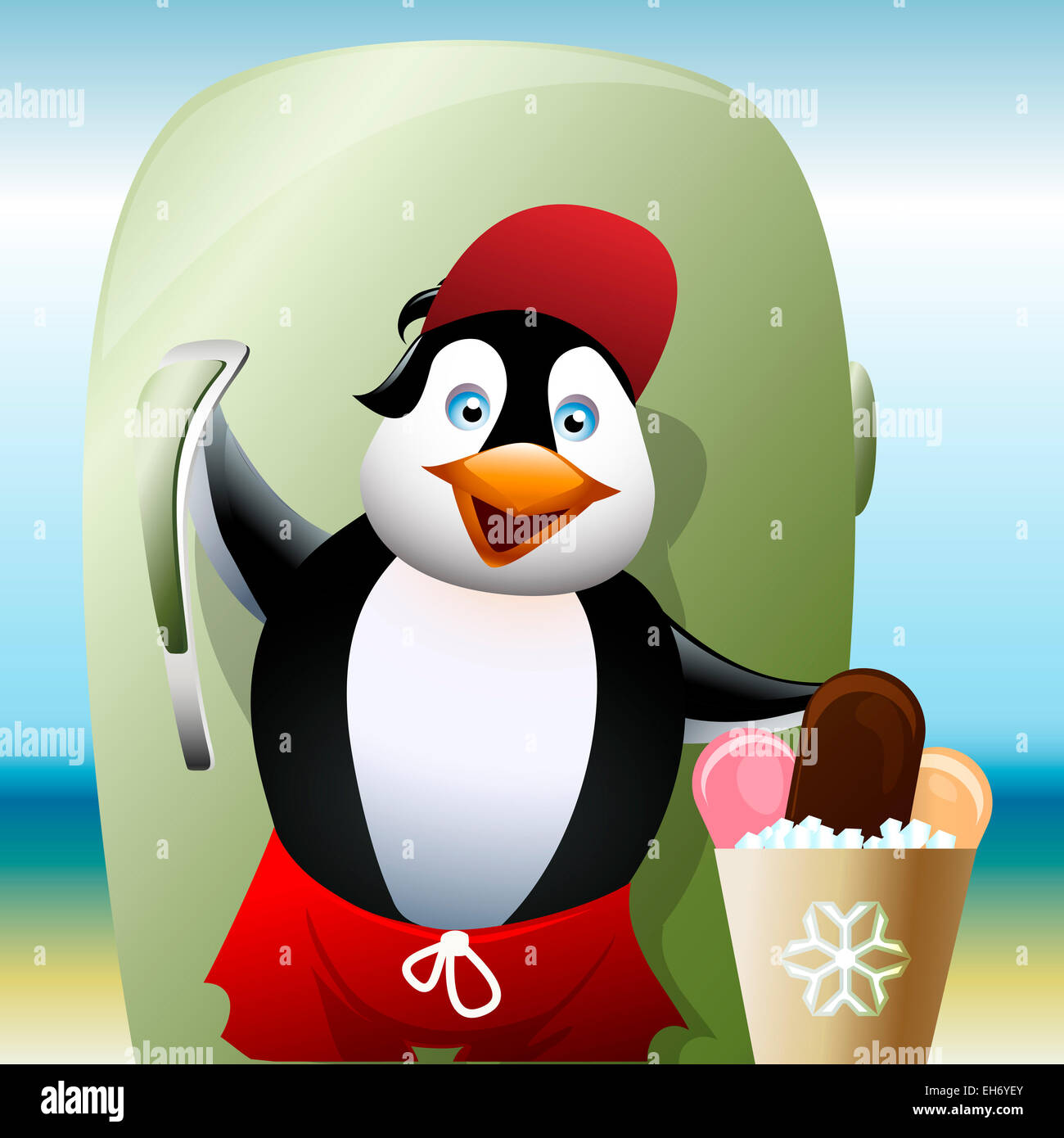 Funny illustration of little penguin who stays on a beach near a fridge and sells ice creams Stock Photo