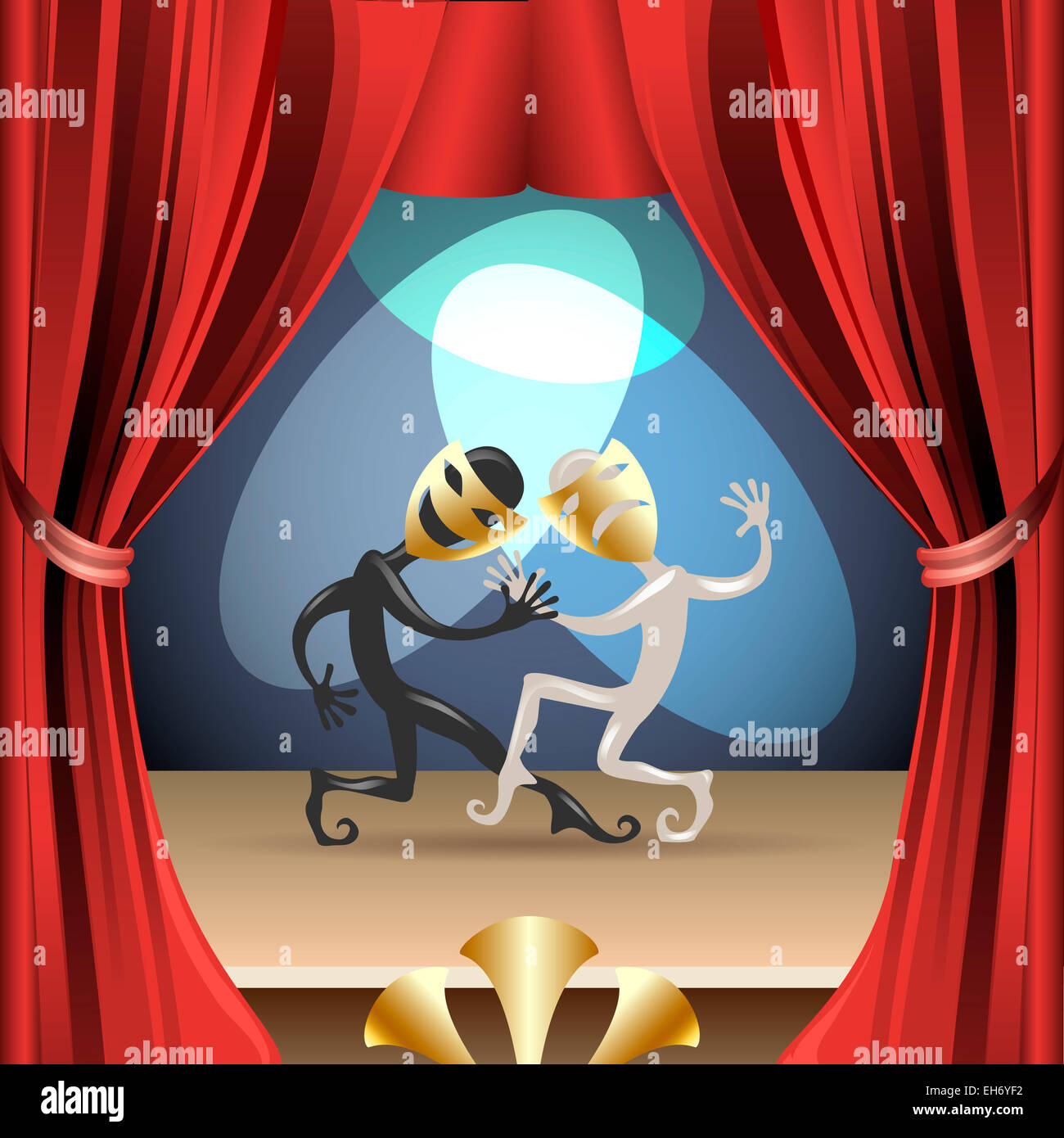 Illustration of two actors in classic masks on theater stage during performance drawn in cartoon style Stock Photo