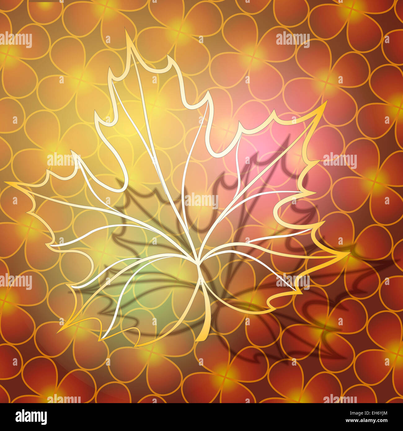 Abstract illustration of maple leaf made of gold against floral background Stock Photo