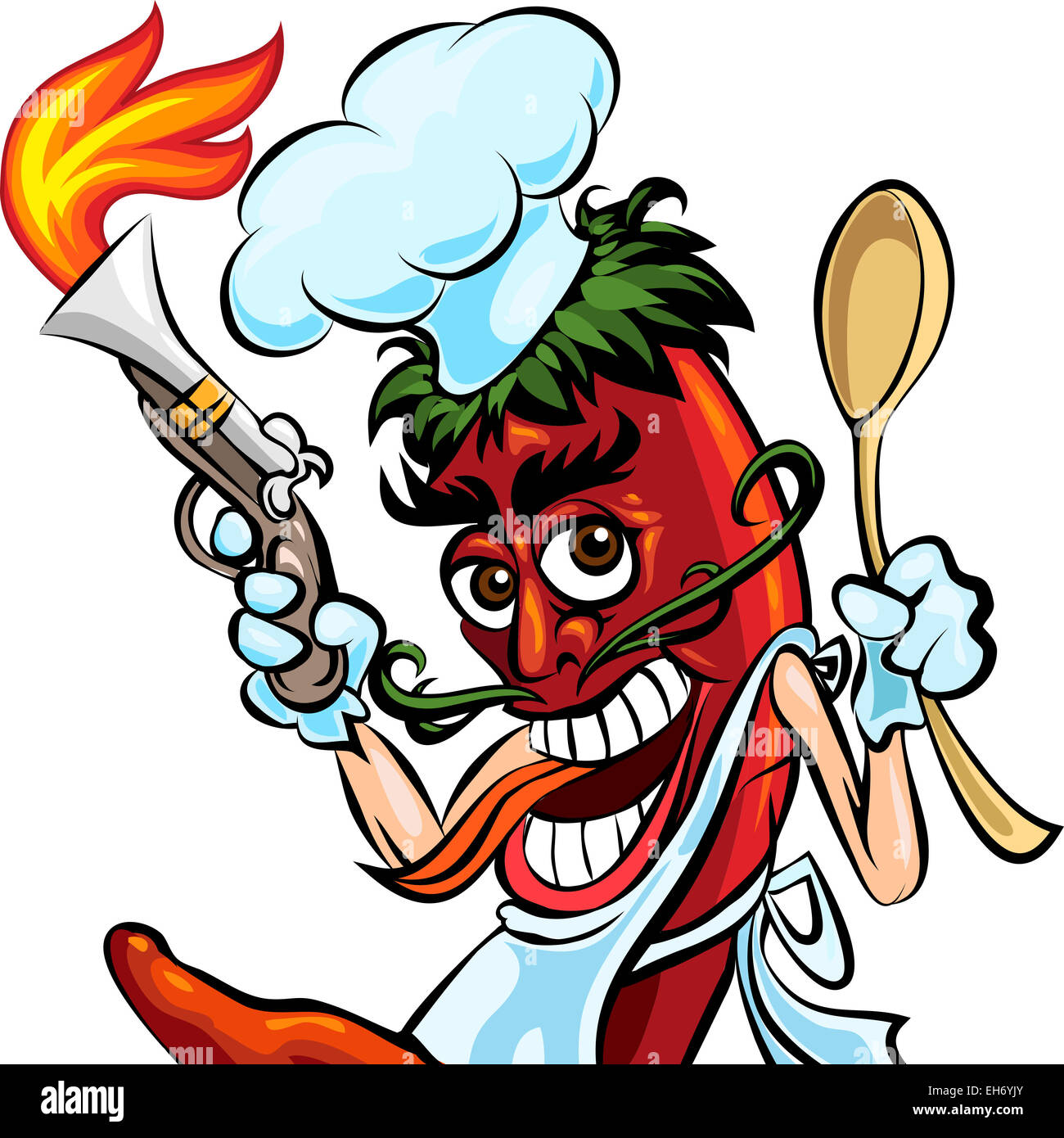 Humorous illustration of red hot chili pepper in cook uniform with a spoon and fire gun Stock Photo
