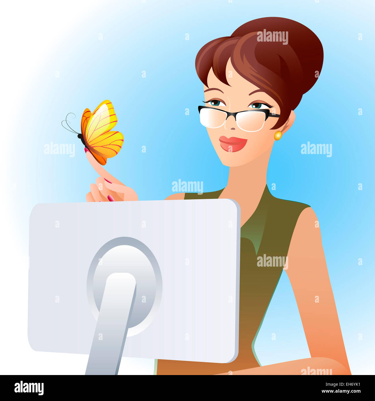 Illustration of secretary woman looking at butterfly on her finger Stock Photo