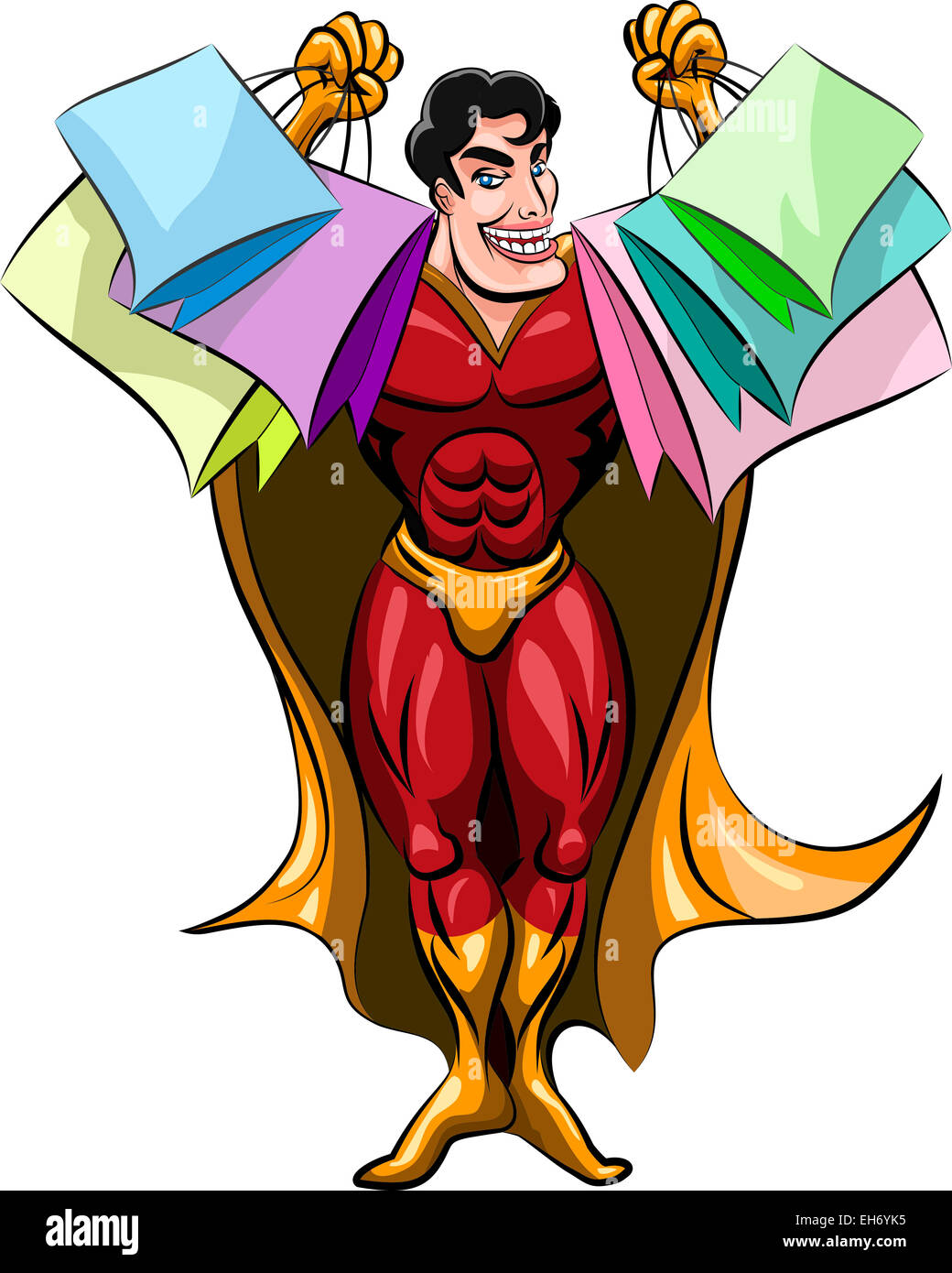 Funny Illustration with superhero who holding shopping bags drawn in cartoon style Stock Photo