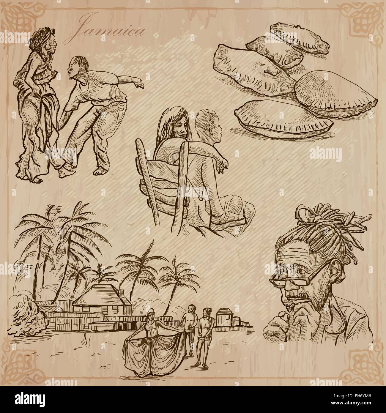 Travel: JAMAICA (set no.7) - Collection of an hand drawn vector illustrations. Each drawing comprise three layers of lines, the  Stock Vector