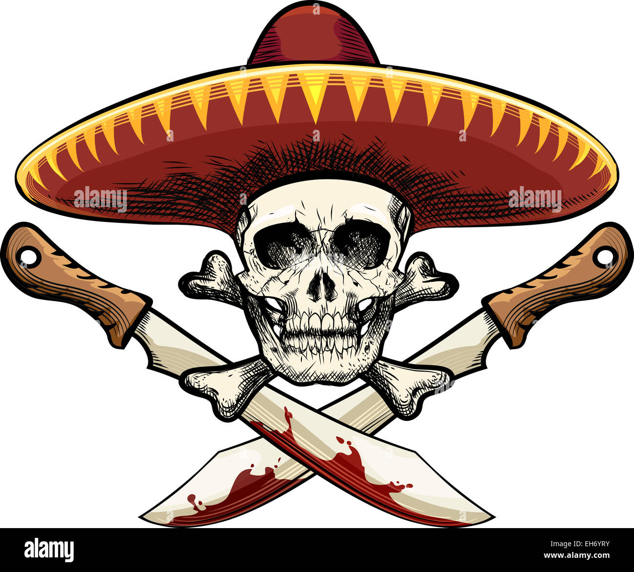 Illustration of skull in sombrero against two machetes drawn in tattoo sketch style Stock Photo