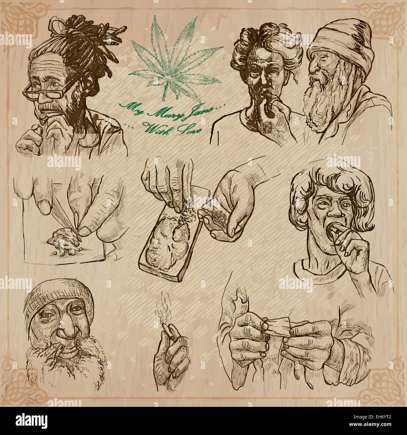 Travel: JAMAICA - Marijuana pack. Collection of an hand drawn vector illustrations. Each drawing comprise three layers of lines, Stock Vector