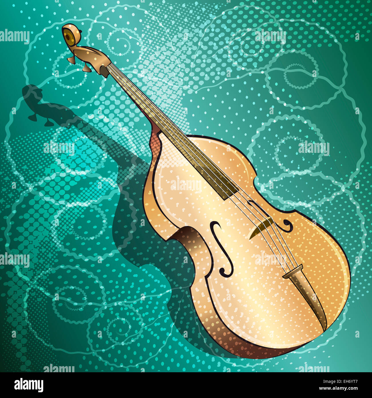 Illustration of double bass against swirls background drawn with using