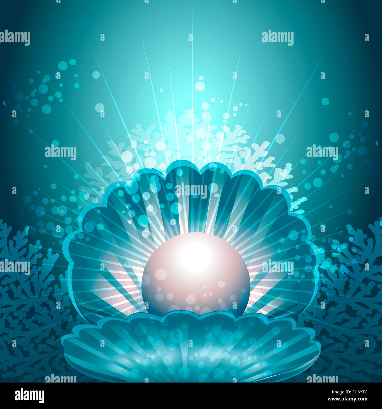 Illustration of open shell with pearl inside against sea background with corals drawn in fantasy style Stock Photo