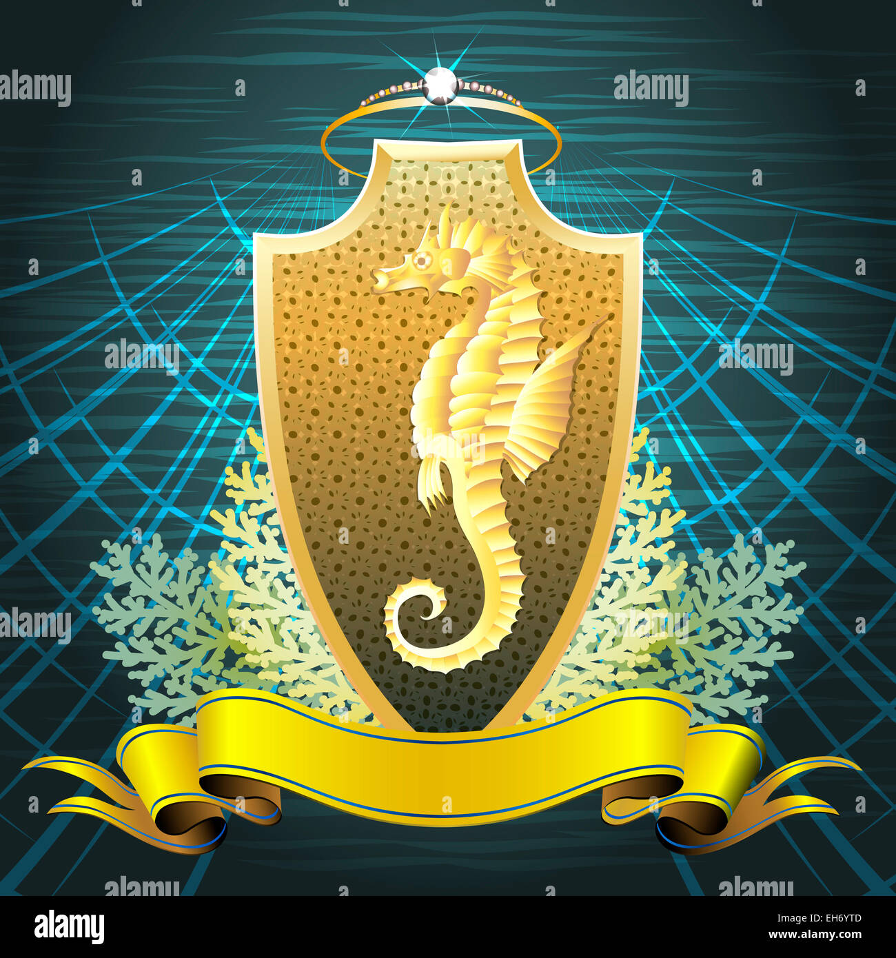 The golden seahorse shield with pearl crown, corals and amber banner against dark blue wavy background drawn in classic style Stock Photo