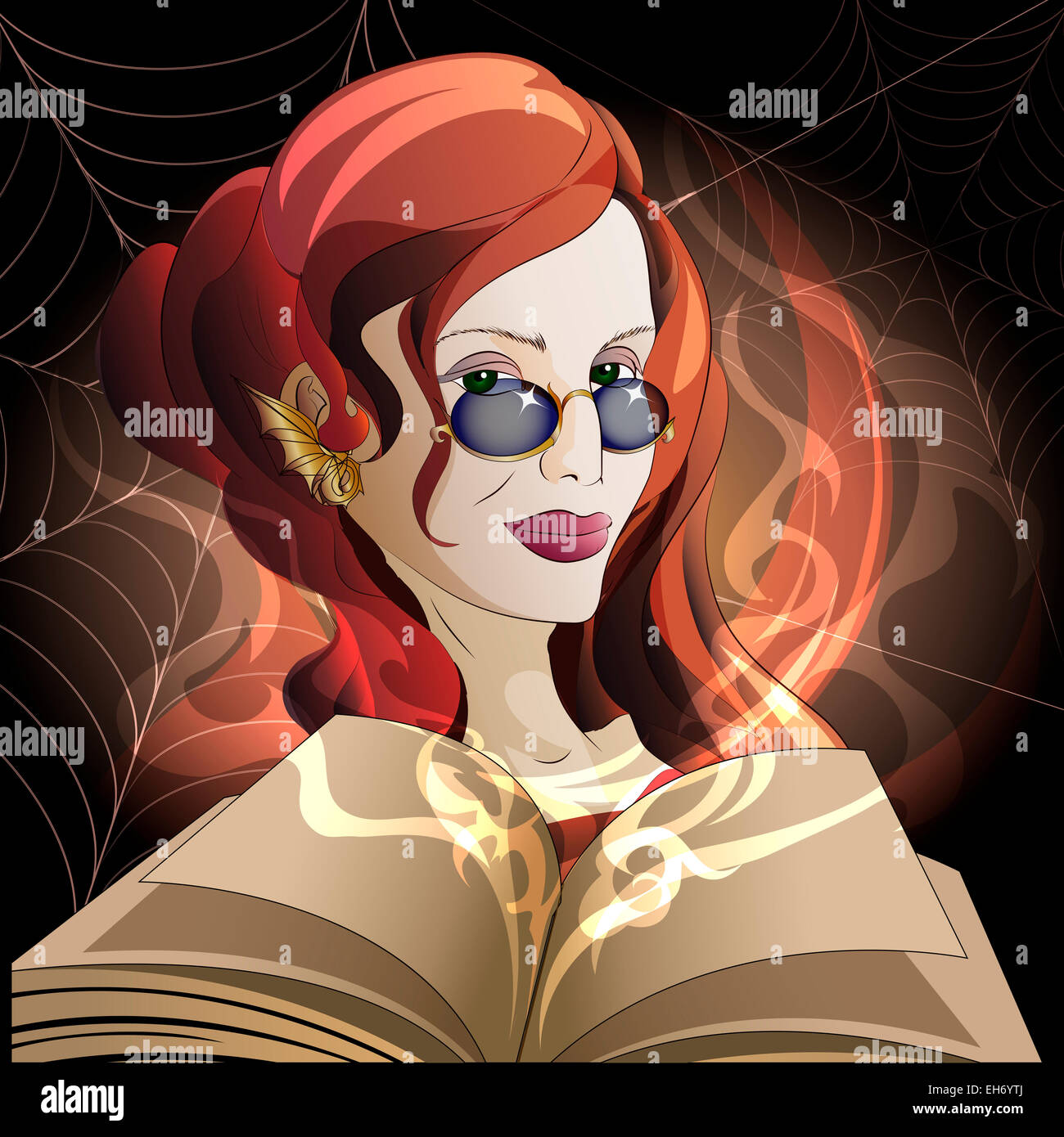 Illustration of  the witch with open book of spells and inflaming magic fire against spider webs drawn in cartoon style Stock Photo
