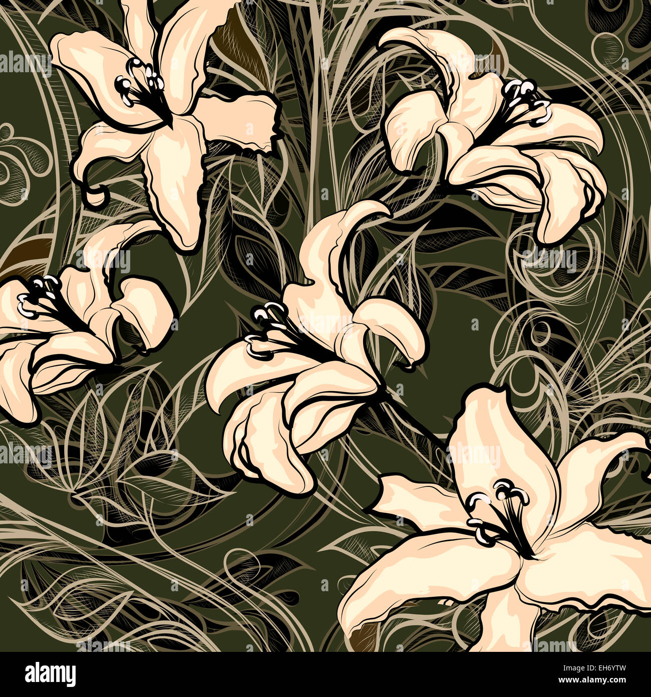 Illustration of blossoming wild lilies against dark background drawn in vintage graphic style Stock Photo