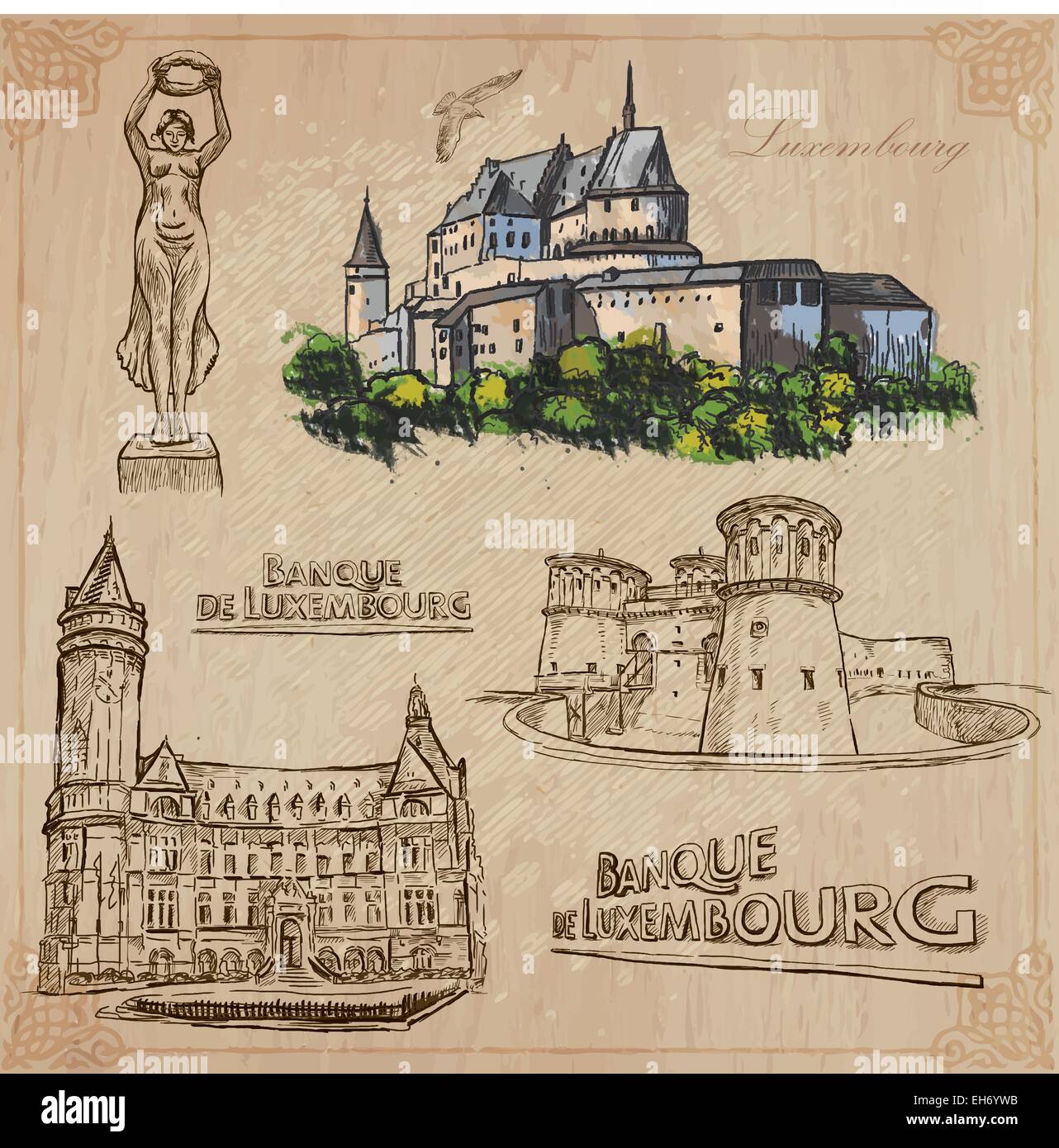 Travel: LUXEMBOURG (set no.2) - Collection of an hand drawn vector illustrations. Each drawing comprise three layers of lines, t Stock Vector