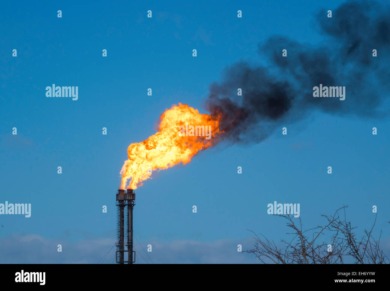An emergency flare burning at a chemical chemical plant in England UK Stock Photo