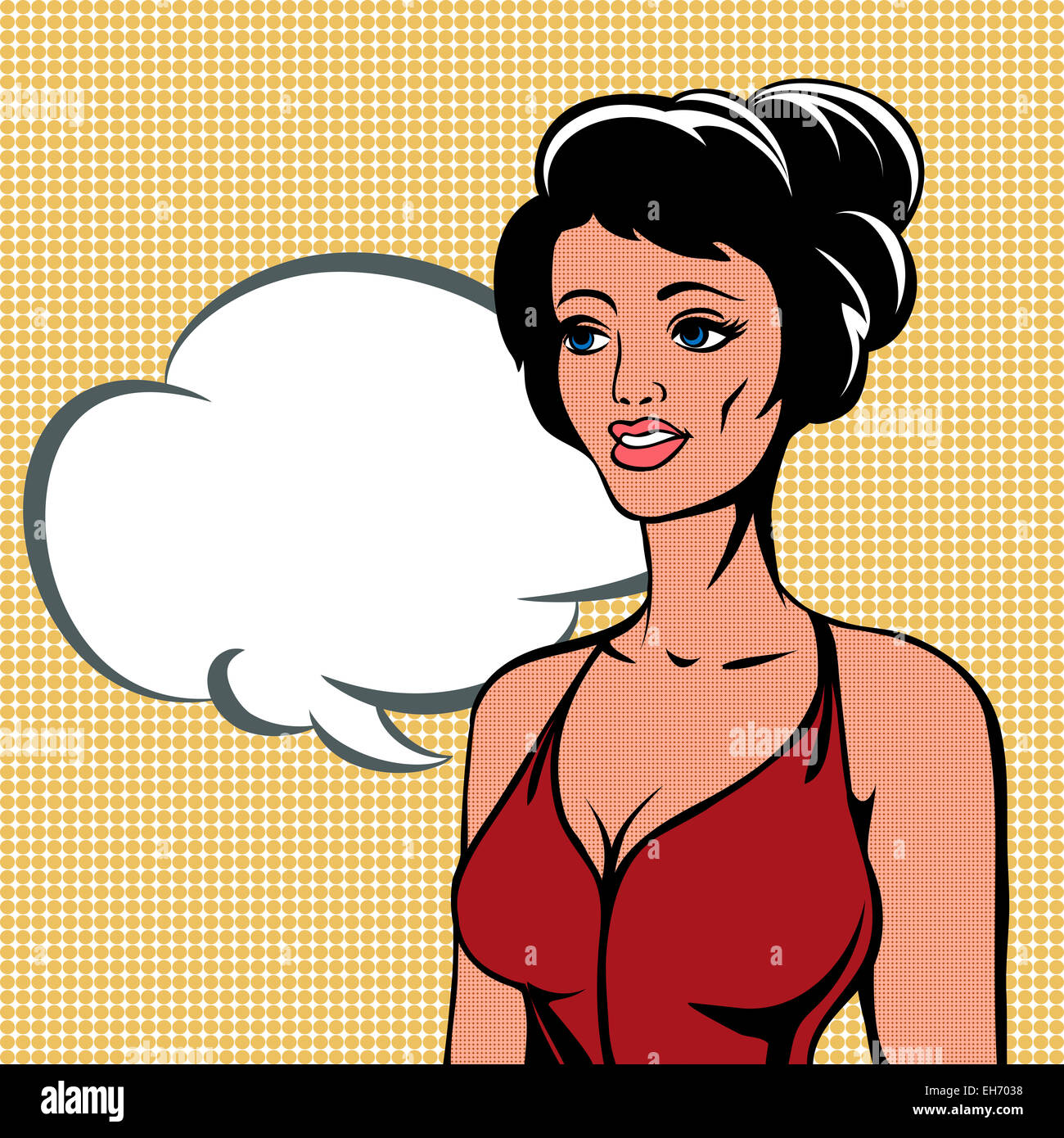 Illustration with talking woman against speech bubble drawn in vintage style with use halftone pattern Stock Photo