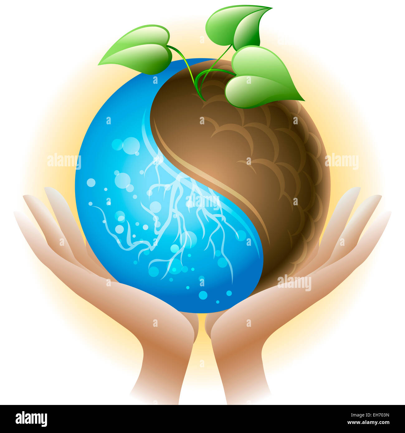 The human hands holds the sphere with growing sprout as allegory of environmentally friendly technologies Stock Photo