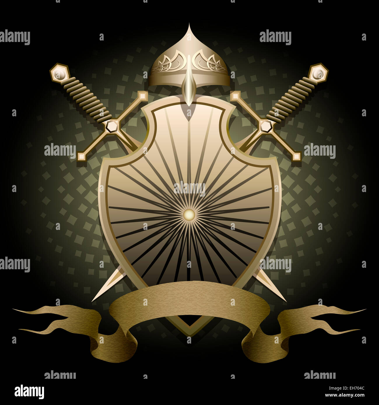 The shield with helmet two swords and banner for text against dark green background drawn in classic style Stock Photo