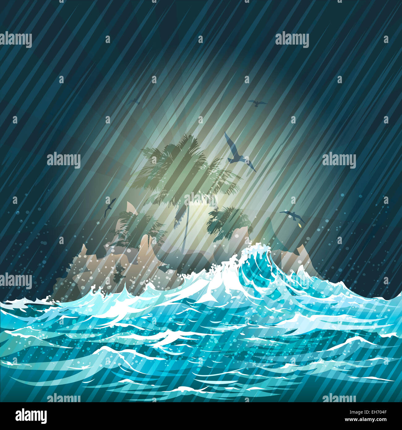 Illustration with lost island in the storming ocean against  night rainy sky Stock Photo