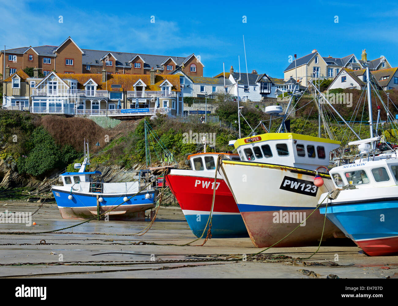 Fishing boats in harbour, Newquay, Cornwall, England UK Stock Photo