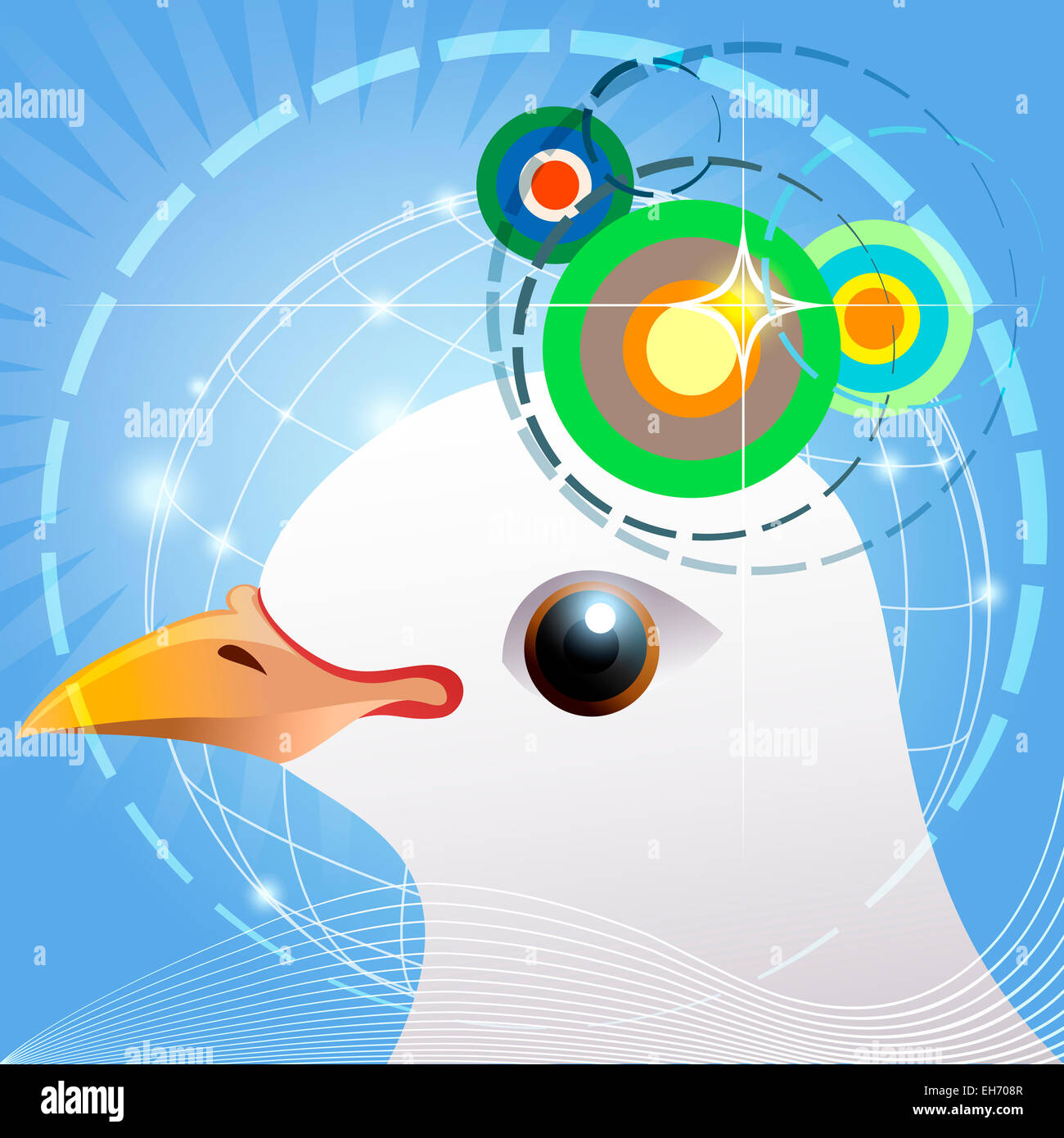 Illustration with bird head against colored circles and globe as allegory of animal magnetic navigation system Stock Photo