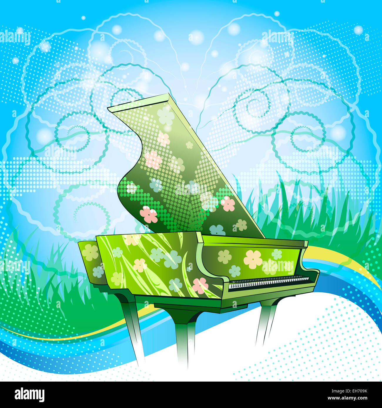 Illustration with grand piano covered by floral paintings against  festive nature background as metaphor of spring time drawn Stock Photo