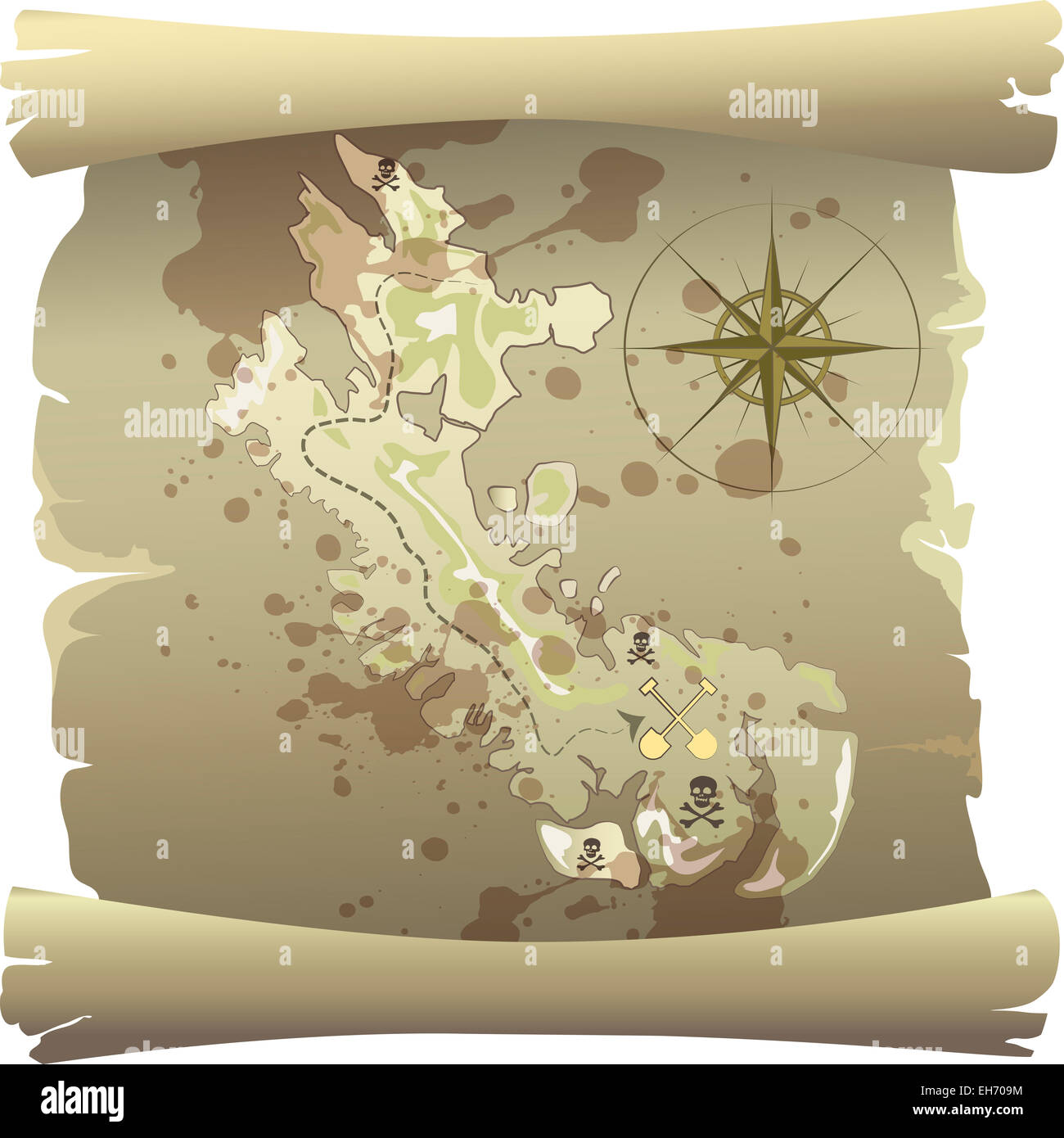 illustration with old pirate map of treasure island drawn in vintage cartoon style Stock Photo