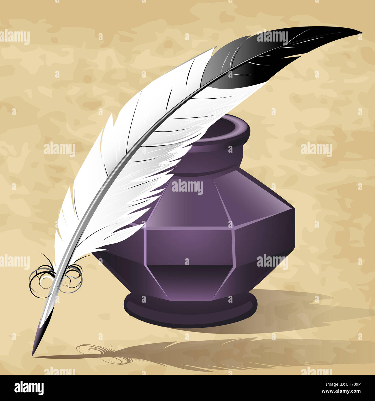 Illustration with quill pen and ink pot drawn in retro style Stock