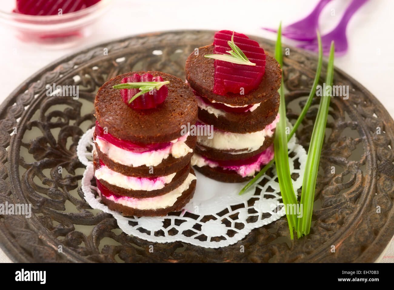 Pumpernickel bread with beetroot and cream cheese Stock Photo Alamy