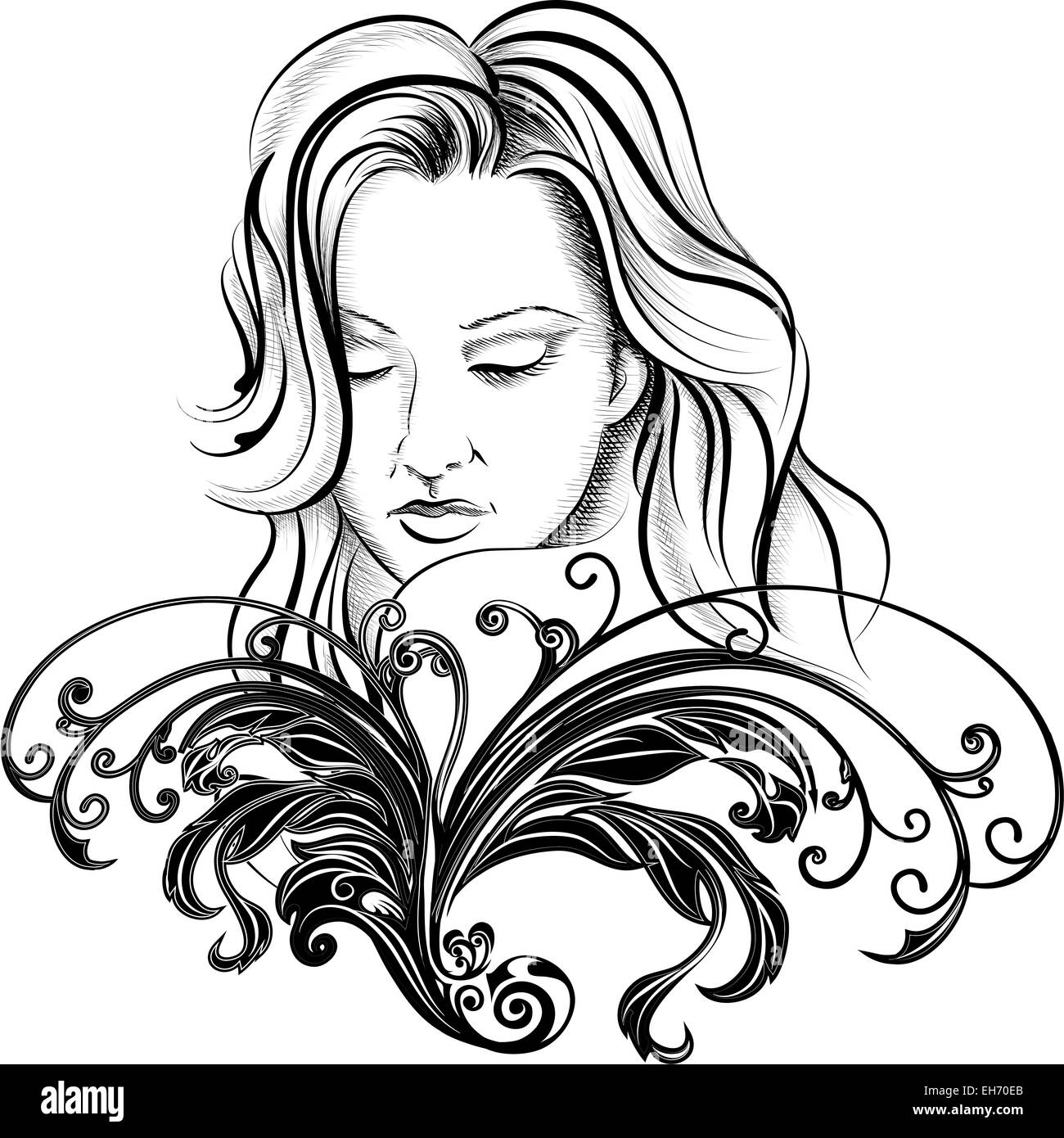 Illustration with young woman face behind floral swirls drawn in handmade ink style. Stock Photo