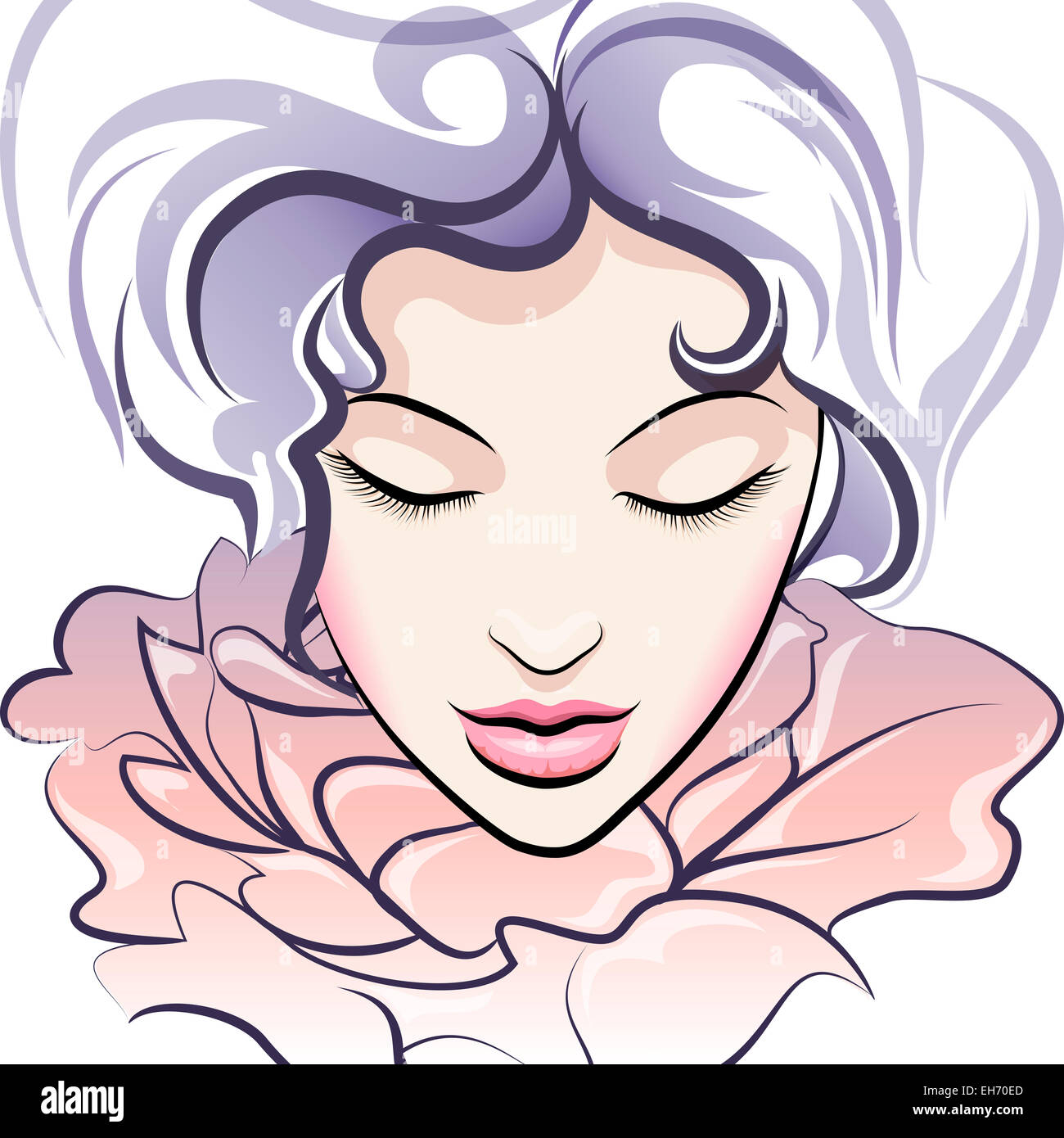 Illustration with young woman face and rose flower drawn in poster style. Stock Photo
