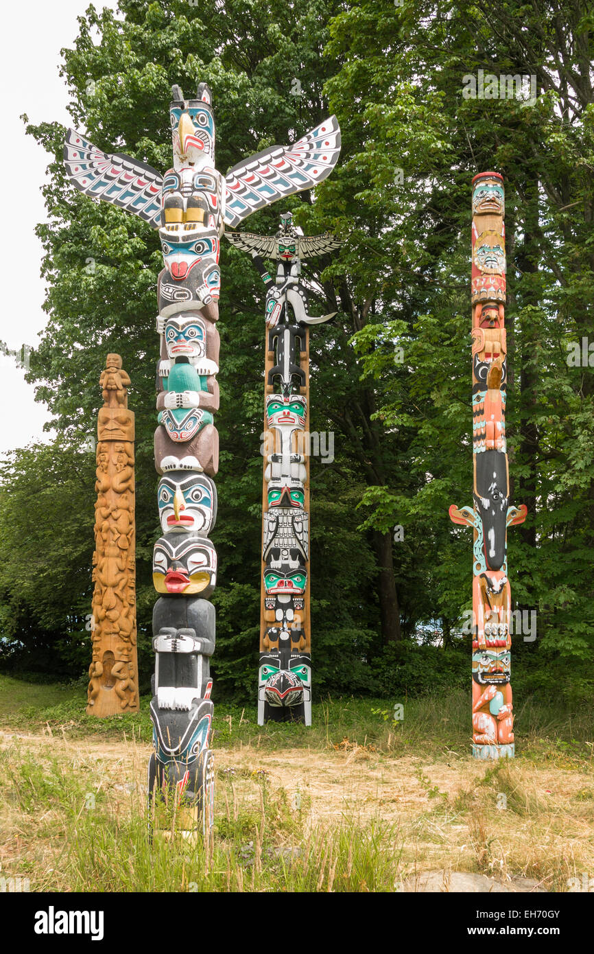 Totem poles near Brockton Point in Stanley Park, Vancouver, BC, Canada. Stock Photo