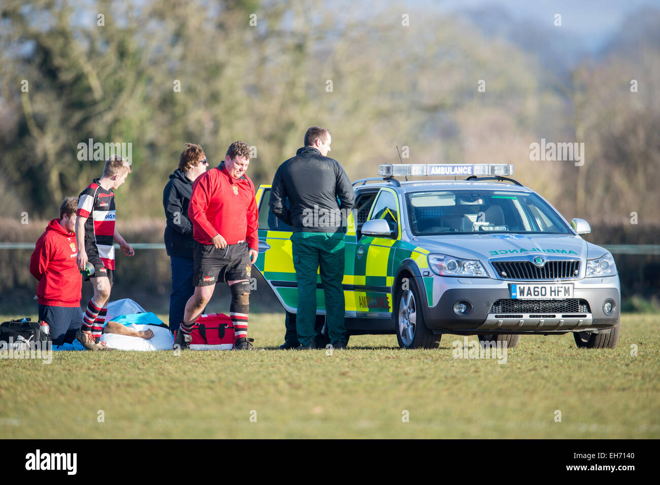 Rugby player injured, requiring ambulance - Dorset - England. Stock Photo