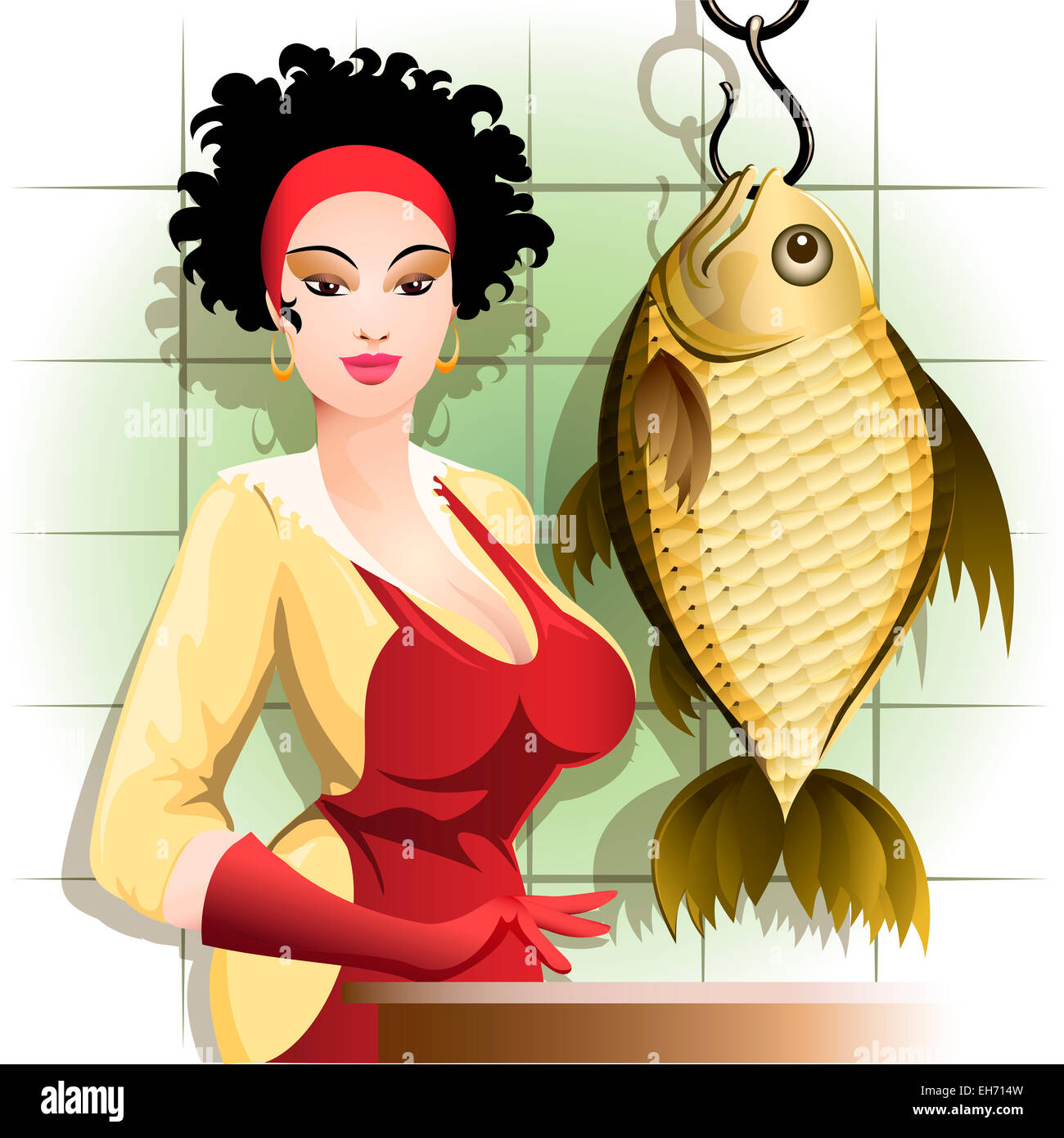 Illustration with young woman thinking about how she will cook such huge fish Stock Photo