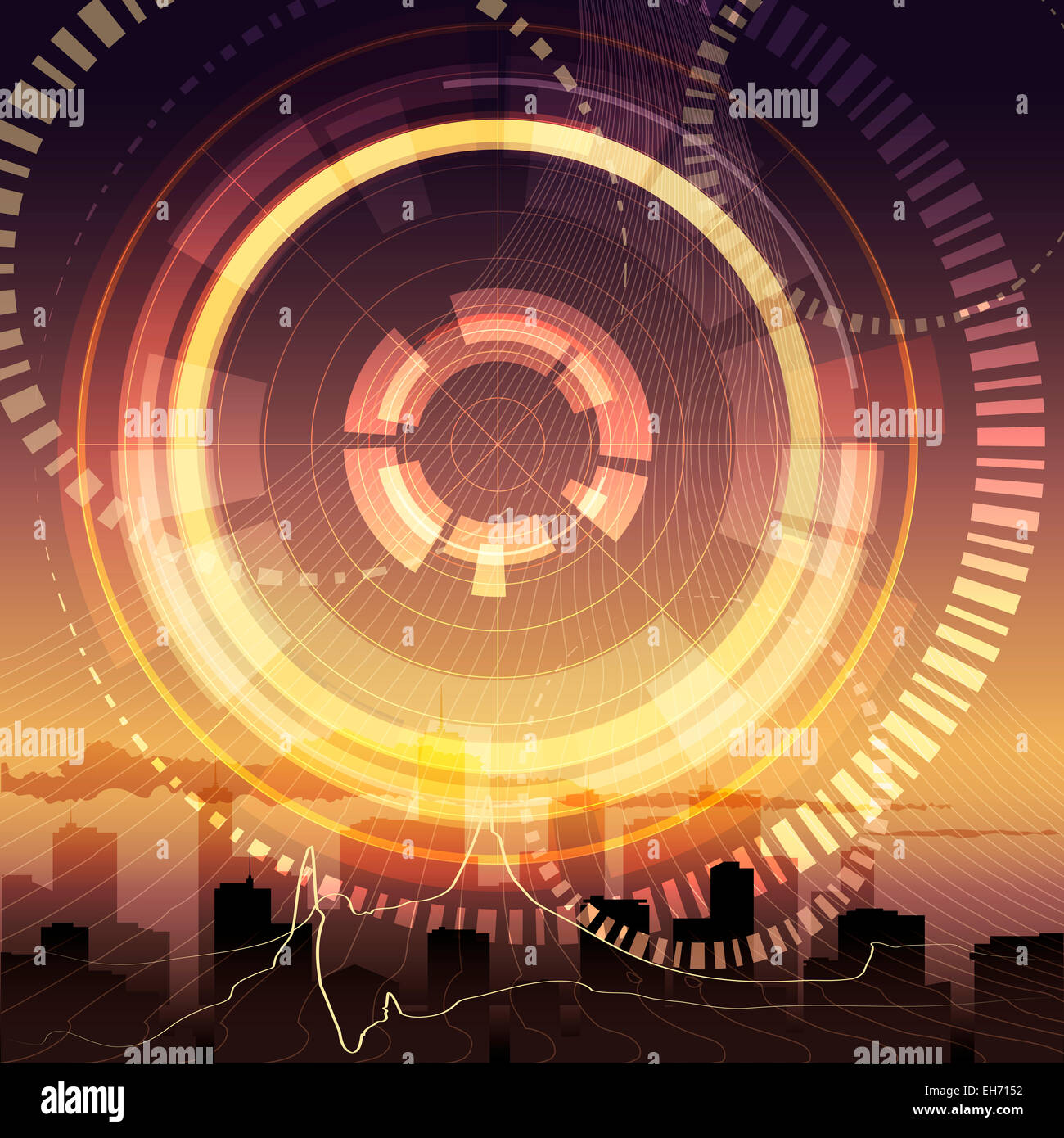 Illustration with abstract wheel and geometrical elements as metaphor of new communication technologies against cityscape during Stock Photo