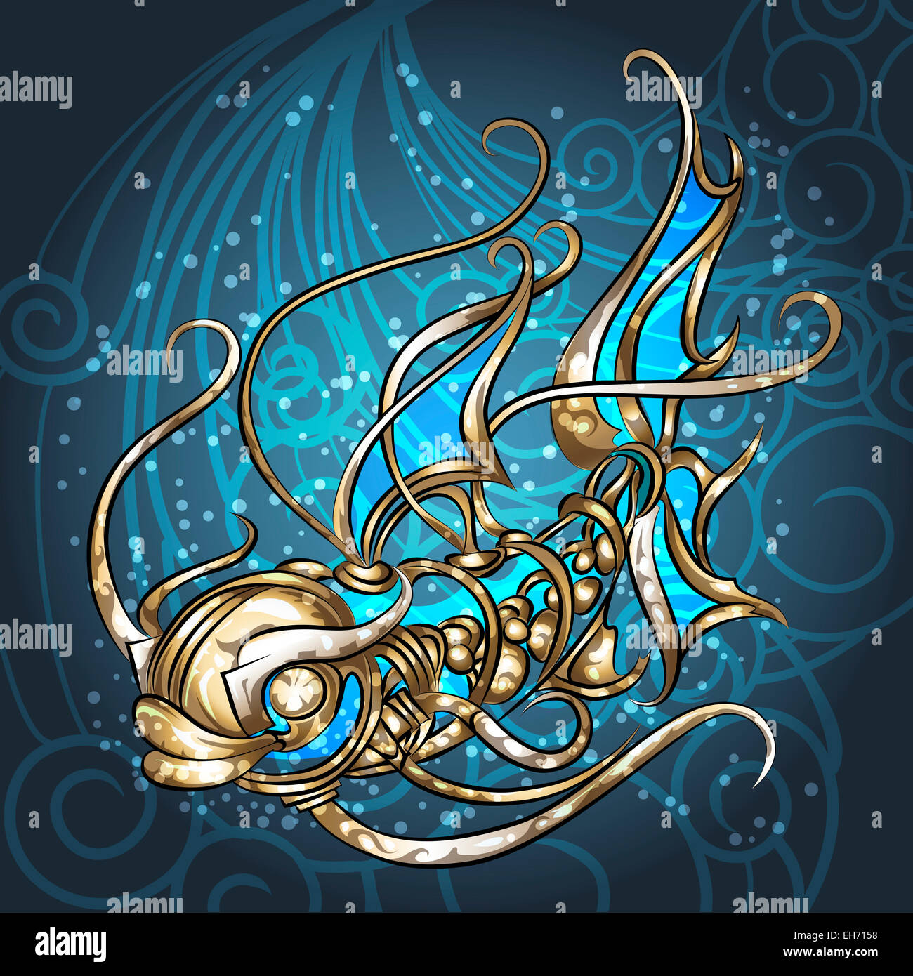 Illustration with mechanical golden fish in the cloud of bubbles drawn in steam punk style Stock Photo