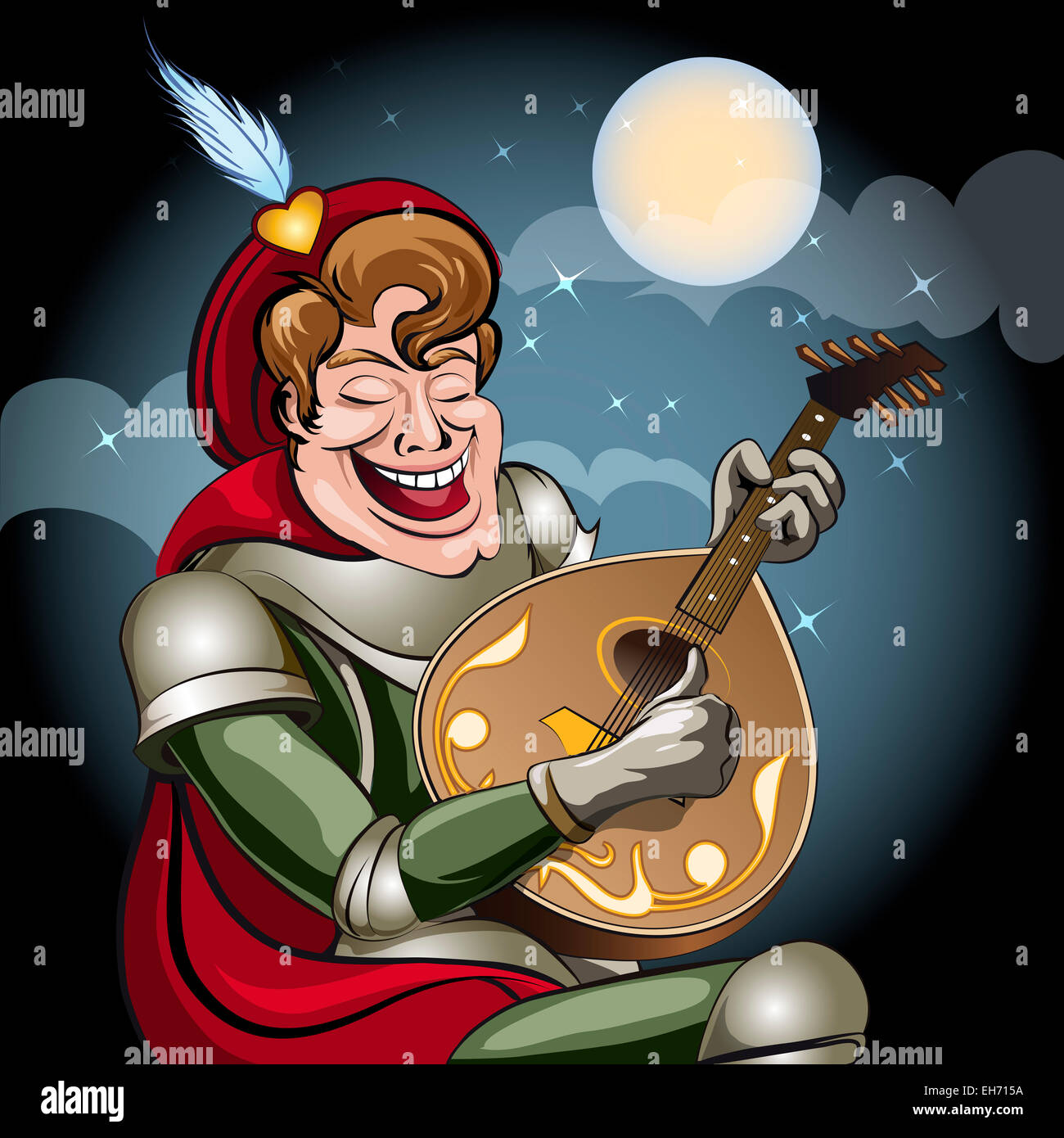 Illustration with minstrel in armor and red coat play on lute and sing serenade to his damsel drawn in cartoon style Stock Photo