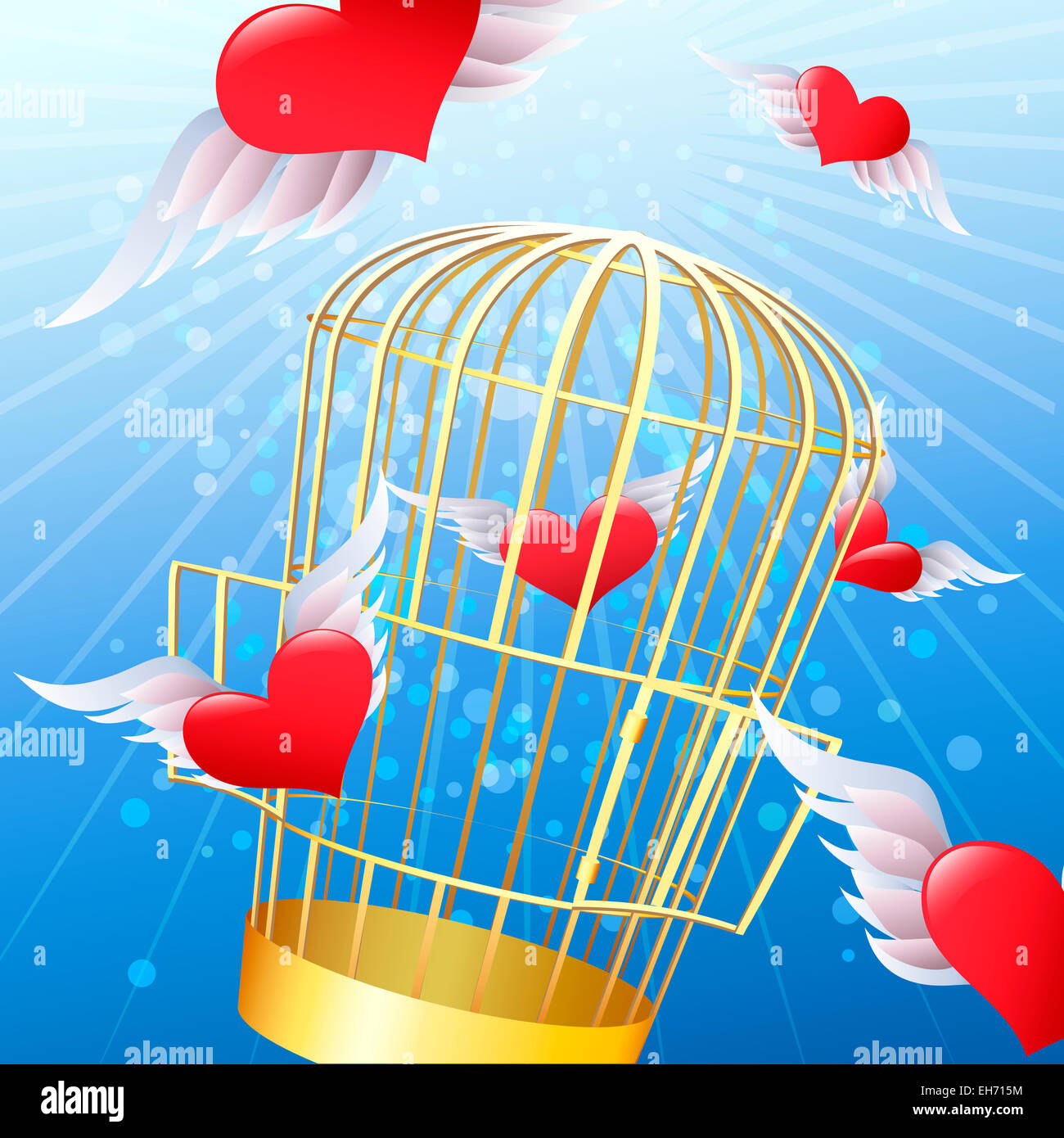 Illustration with released hearts flies away from a golden cage drawn in cartoon style Stock Photo